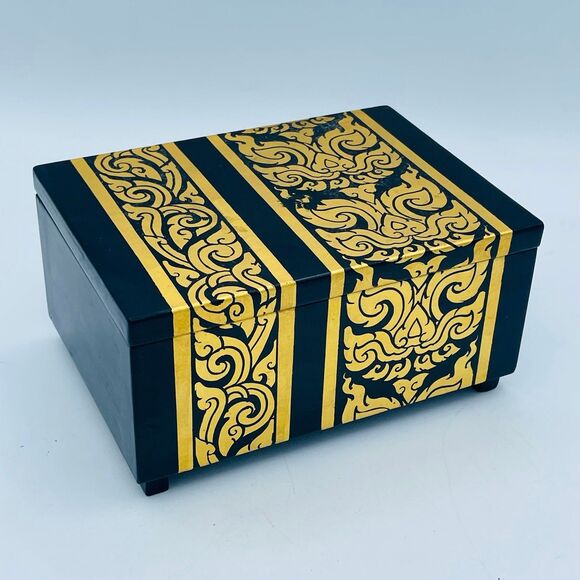 Vintage Decorative Lacquered Jewelry Trinket Music Box Gold Painted Design - Picture 4 of 12